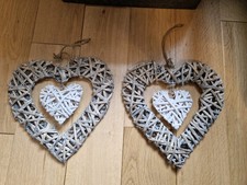 Set Of 2 Wicker Hanging Heart Decorations With White Hearts