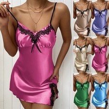 Women Sexy Satin Silk Mini Dress Lace Lingerie Robe Nightwear Nightie Robe Dress