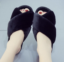 Ladies cross band slider slippers Warm Plush Fuzzy Fluffy Criss Cross House