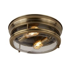2 Light IP44 Antique Brass Flush Fitting Ceiling Light with Clear Glass Diffuser
