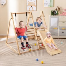 Kids 3-in-1 Foldable Wooden Climbing Toys w/Adjustable Swing Natural