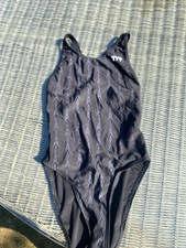 TYR Swimsuit. Junior Girls Black Fusion Aeroback openback. Age 12-14 yrs Fina.