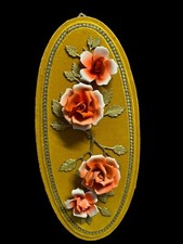 1970’s Vintage Italian Capodimonte Porcelain Roses Velvet Wall Plaque / Hanging