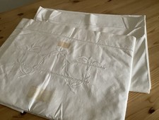 Pair Vintage French 1960s Metis Emb Linen & Cotton Double Bed Sheet Set 84”/116”