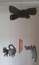 Vintage 1990's Cat & Mouse Mobile Baby Crib Nursery Flat Wooden Hand Painted