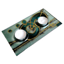 Turquoise & Gold Glass Double Tealight Candle Holder Plate 8" Shudehill Birthday