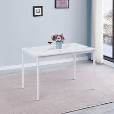 Rectangular White Marble MDF Top Dining Table Metal Frame Dining Room Kitchen