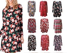 WOMENS LADIES GINGERBREAD SNOWMAN XMAS FLARE XMAS SWING DRESS PLUS SIZE