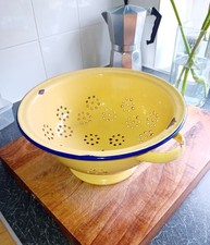 Vintage Colander cream & pale blue enamel Large shabby chic strainer on pedestal