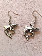 Leaping Shark Charm Fish Drop Dangle Earrings 