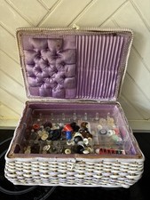 Vintage 1960s Lilac Sewing Box And Contents Cotton Bobbins Woven Plastic Rattan