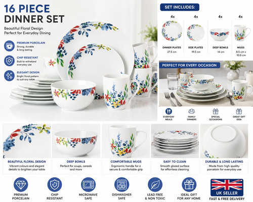 16pc floral porcelain - 16pc, dinner