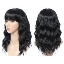 Wave Bob Wigs With Bangs Shoulder Length Women Curly Wavy Synthetic Cosplay Wig