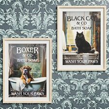 Bathroom Wall Art, Dogs Cats in Bathtub Poster, 19 popular dog Breeds+ Black Cat