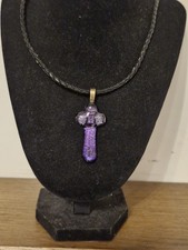Murano Glass Ctoss Pendant On A Leather Chord Chain.  Lovely Purple Colours