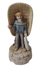 Fisherman Figurine With A Big Fish Fishing Boat & Oar Music Box 20cm Vintage