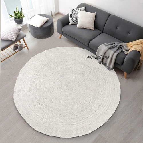 Round rug white hand braided - rug,