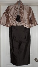 Ladies Brown S'Less Silk Dress & Mink Bolero Jacket Wedding Outfit, UK Size 10