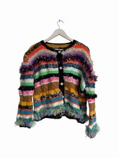 Handmade Knit Cardigan Patchwork Scraps Button Front O/S 12 14 16 Multicoloured