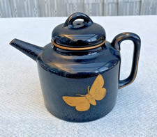 Small Early REDWARE  Pottery Teapot with Black Glaze & Gold Butterflies, c1790