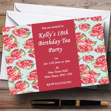 Blue Pink  Inspired Vintage Tea Personalised Party Invitations