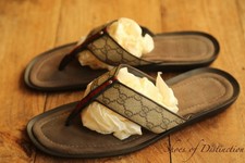 Gucci GG Monogram Brown Leather Sandals Sliders Flip Flops Mens UK 8.5 G US 9.5