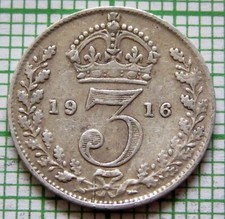 GREAT BRITAIN GEORGE V 1916 THREEPENCE 3 PENCE, 0.925 SILVER km# 813