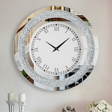 Round Mirror Clock Crushed Sparkling Twinkle Crystal Diamond Mirrored Wall Clock