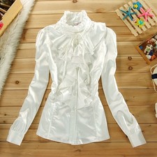 Women Ruffle Shirt Vintage Stand Collar Chiffon Button Slim Victorian Blouse Top