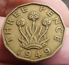 SCARCE KEY DATE 1949 GEORGE VI BRASS THREEPENCE CLEAR DETAIL TP05