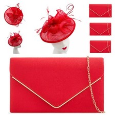 Red Fascinator & Evening Clutch Bag Set Ladies Headband Clip Hat Weddings