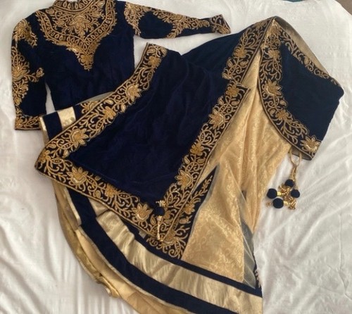 Velvet navy and gold lengha - navy,