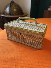 Cute Vintage Sewing Box Wicker Yellow and White. Sewing Basket.