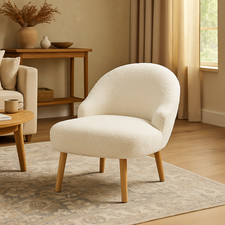 Modern White Bouclé Accent Chair with Wooden Legs – Cozy Upholstered Armchair