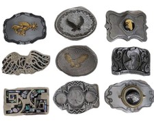 Vintage Belt Buckles Lot ×9 – Western, Eagle, Hank Williams Sr, Abalone Inlay