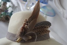 feather and bullet brooch, hat