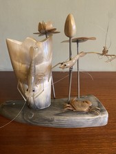 Vintage Chinese Sculpture Carved Horn 1970s Seascape Art Fish Ornament Homeware