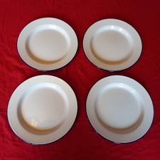 SET OF FOUR BRAND NEW, 'VINTAGE STYLE WHITE WITH BLUE RIM ENAMEL DINNER PLATES'