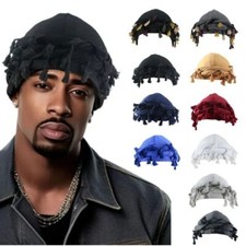 Men's Punk Burr Trim Turban Hat Cotton Bandana Beanie Cap with Twisted Tail Hat