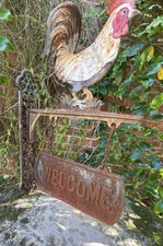 Vintage Lovely Old Large Cast Iron Hanging Chicken Cock Welcome Farm Yard Sign