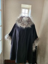Black fleece open cape with faux fur trim OSFA