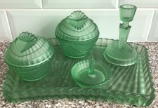 Samuel Reich Art Deco Vintage Dressing Table Set #9046, Frosted Green Glass