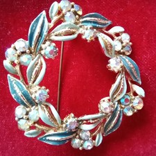 Vintage Green Blue Enamel Blue Aurora Borealis Glass Paste Stones Brooch