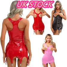 UK Women Scoop Neck Thick Shoulder Latex Mini Party Dresses with Garter Clips