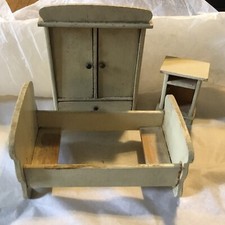 Genuine 1920s German Dolls House Bed Wardrobe Side Cupboard  Painted Pine