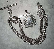 Heavy Antique Solid Sterling Silver Double Albert Pocket Watch Chain & Fob 66g 