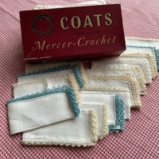 Vintage Ladies Hankies x 15 with Crochet Tatted Borders + COATS Mercer BOX