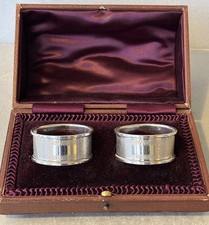 Vintage pair sterling silver napkin rings engine turned cased Birmingham 1965