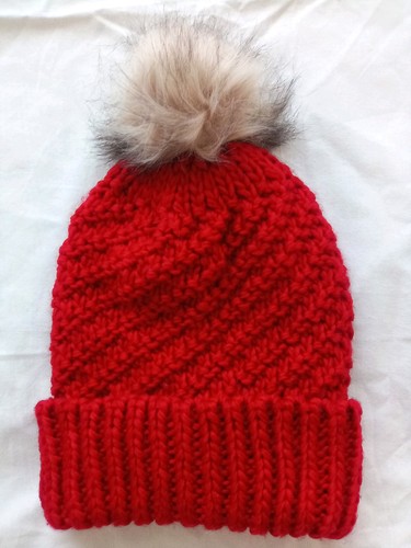 Hat red knitted - knitted, pom
