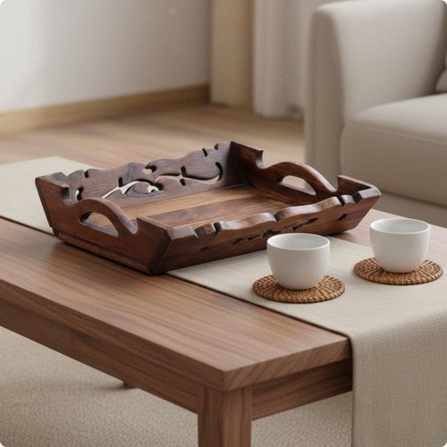 Wooden tea tray hollow - wooden, tray,